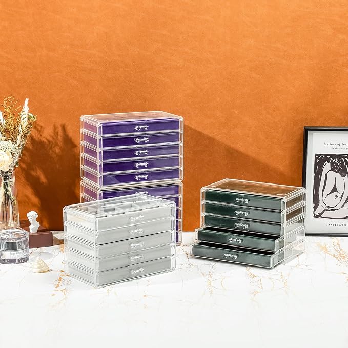 ProCase Earring Holder Organizer Jewelry Box with 10 Drawers, Acrylic Clear Earring Case with Adjustable Velvet Trays for Women - Purple,10 Layers