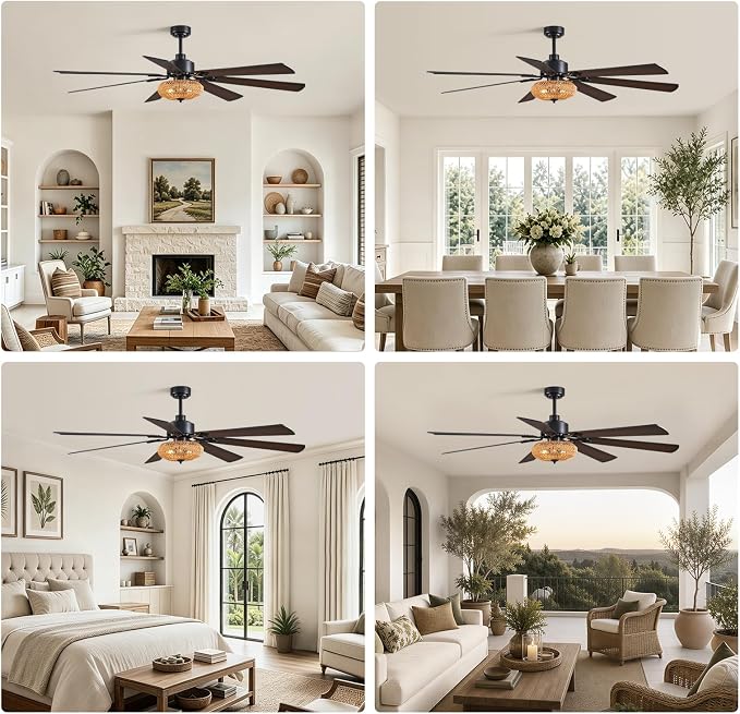72 Inch Ceiling Fan with Light Indoor Rustic Farmhouse Matte Black 7 Blades APP and Remote Control, Large Boho Fandelier for Living Room Dining Room Bedroom