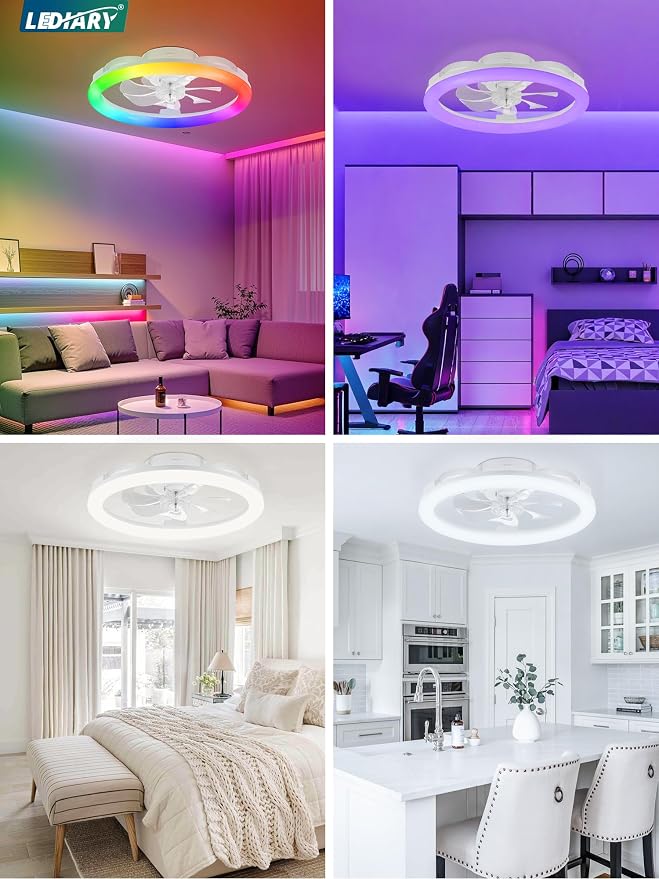 LEDIARY RGB Low Profile Ceiling Fans with Lights and Remote, 20 Inch Dimmable Modern Ceiling Fan(3000K-6000K), 6 Speed, Reversible, APP & Remote Control, Flush Mount Fan Light, White RGB Ceiling Fans