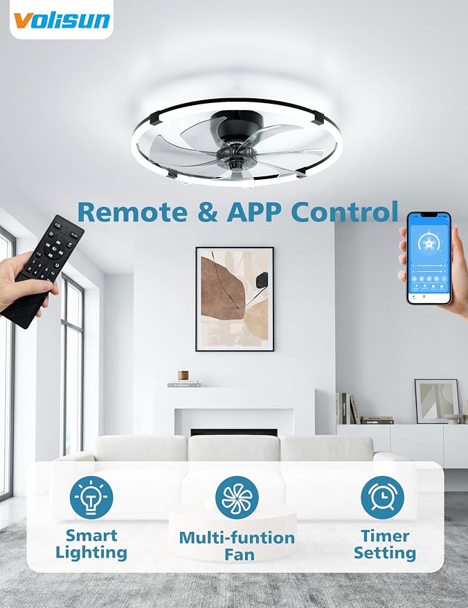 VOLISUN Low Profile Ceiling Fan with Lights and Remote, 23.6in Bladeless Ceiling Fans with Light Flush Mount, Dimmable Modern LED Fan Light, Black Fandelier Ceiling Fans for Bedroom,Living Room