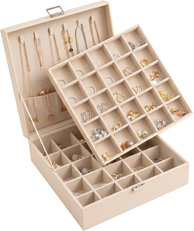 Frebeauty 50 Grid Earring Holder Organizer,2 Layer Jewelry Box for Women | Faux Leather,Velvet Lining,Adjustable Divider,Jewelry Organizer for Ring Necklace and Bracelet,for Home Use and Jewelry Store
