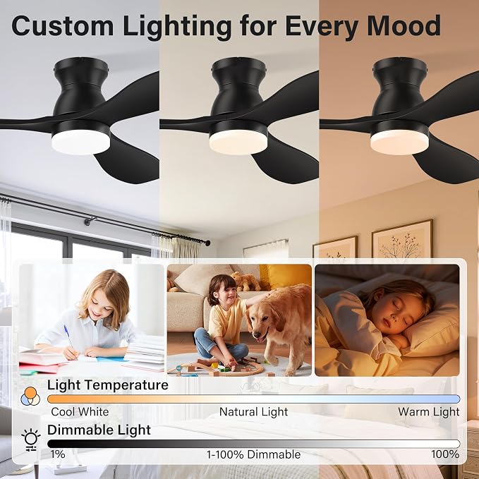 42" Wood Ceiling Fans with Lights, Smart Control by Remote Alexa APP,Quiet DC Motor,Modern Flush Mount Hugger Ceiling Fan for Low Profile Bedroom,Patio,Outdoor Indoor,Matte Black,Dim,6 Speed,3 Blade