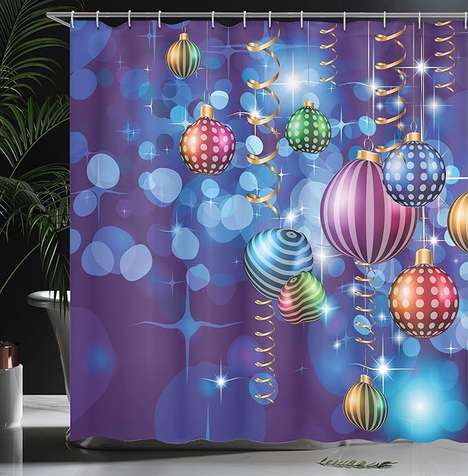 Ambesonne Christmas Shower Curtain, Happy New Year Party Celebrations Swirling Ornaments and Balls Print, Cloth Fabric Bathroom Decor Set with Hooks, 69" W x 75" L, Indigo