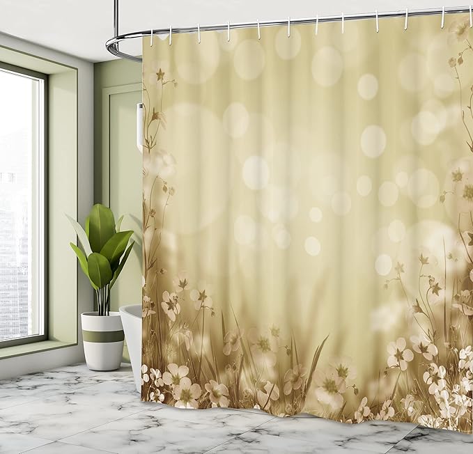Ambesonne Flower Shower Curtain, Blossom Field with Fresh Grass Soft Springtime Blurred Illustration, Cloth Fabric Bathroom Decor Set with Hooks, 69" W x 84" L, Dark Khaki