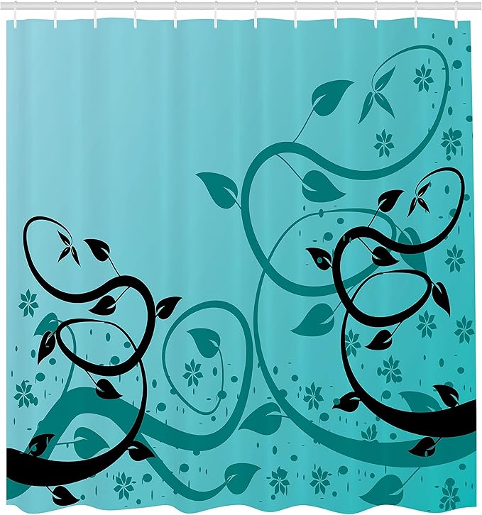 Ambesonne Teal Shower Curtain, Abstract Floral Modern Illustration with Winding Tendrils Leaves Vinesd Flowers, Cloth Fabric Bathroom Decor Set with Hooks, 69" W x 70" L, Black Teal