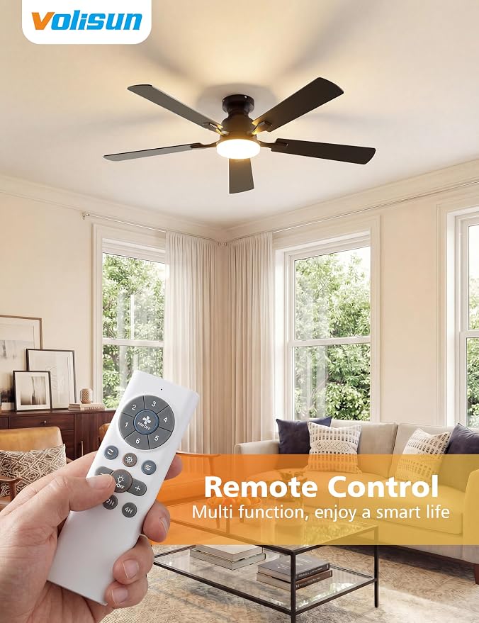 VOLISUN 52 Inch Ceiling Fan with Lights Flush Mount, Low Profile Ceiling Fans with Lights, Remote&APP Control,Dimmable 22W LED Light,Queit&Reversible Fan, Black Ceilings Fans for Bedroom, Living Room