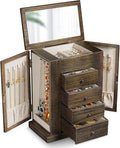 Emfogo Jewelry Box for Women, 5 Layer Large Wood Jewelry Boxes & Organizers for Necklaces Earrings Rings Bracelets, Rustic Jewelry Organizer Box with Rattan, Drawers and Mirror(Vintage)