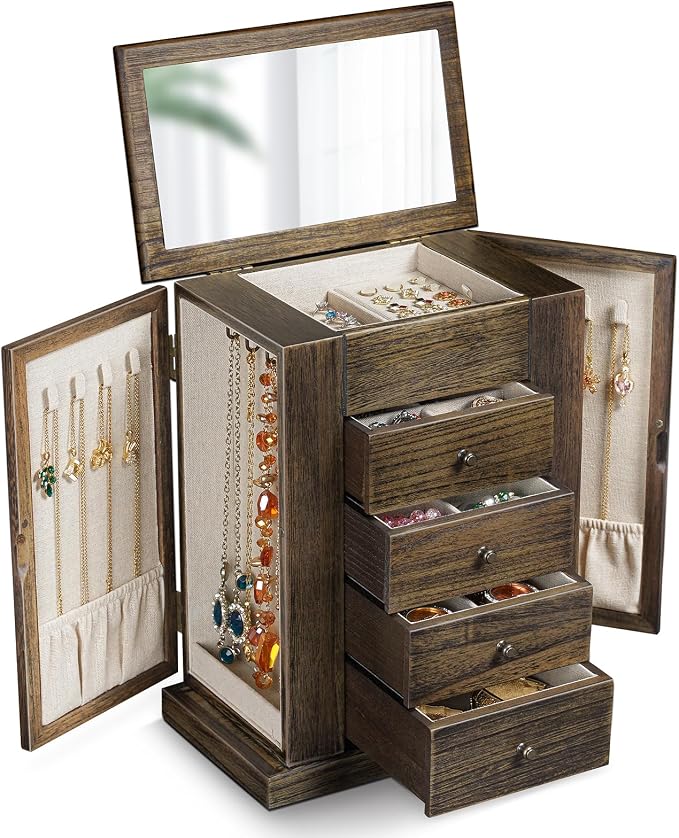 Emfogo Jewelry Box for Women, 5 Layer Large Wood Jewelry Boxes & Organizers for Necklaces Earrings Rings Bracelets, Rustic Jewelry Organizer Box with Rattan, Drawers and Mirror(Vintage)