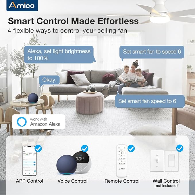 Amico 42 inch Smart Ceiling Fans with Lights, Small Low Profile Ceiling Fan, Remote/Alexa Voice Control, Flush Mount, Reversible DC Motor, 5 Blades, 6 Speeds, 3CCT, Dimmable, Noiseless, Bedroom, White