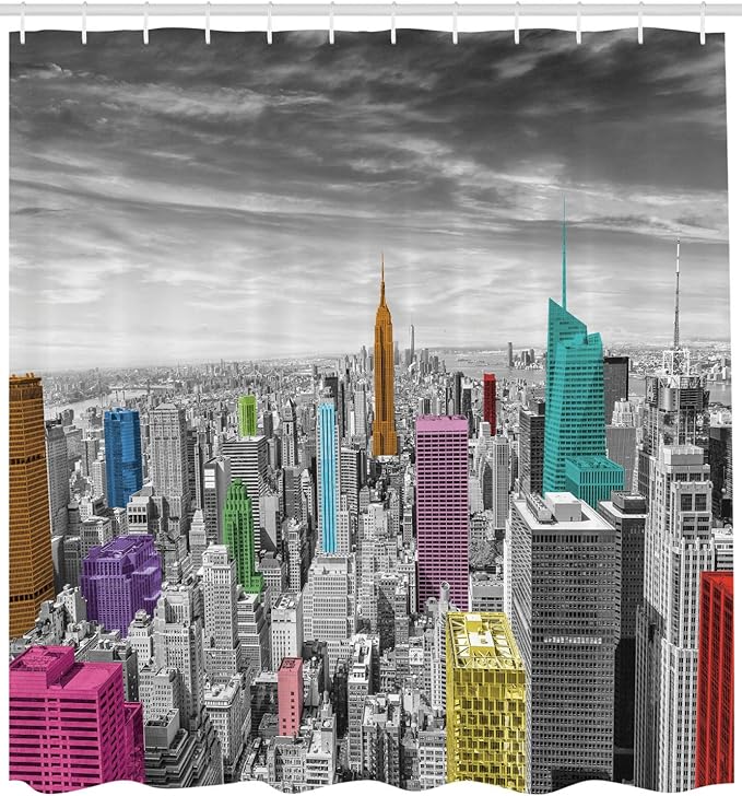 Ambesonne New York Shower Curtain, NYC Cityscape Monochrome Photograph Colorful Buildings Urban Architecture, Cloth Fabric Bathroom Decor Set with Hooks, 69" W x 70" L, Grey Multicolor
