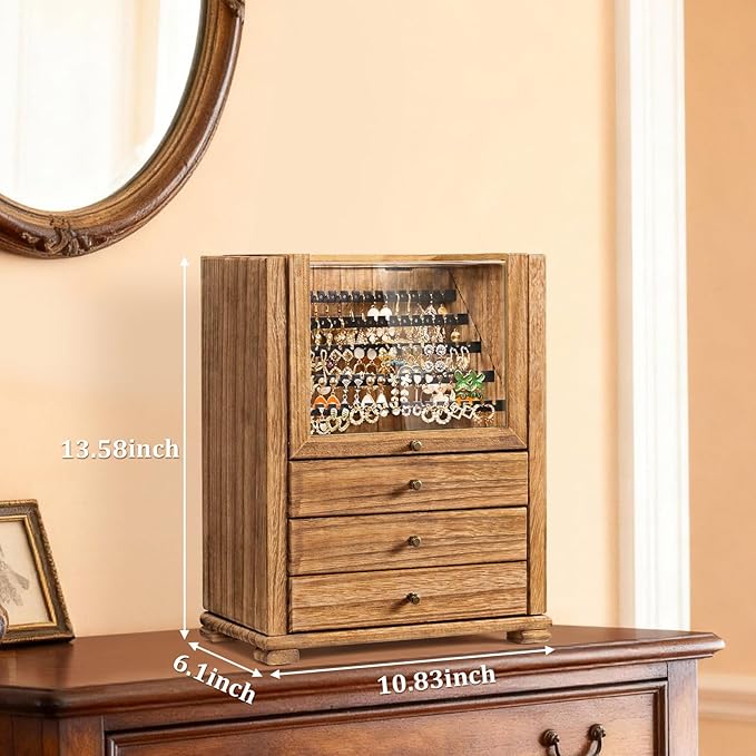 Jewelry Box Organizer, Rustic Wooden Jewelry Boxes for Women Girls, Large Storage Earring Holder Organizer Display for Earrings Necklaces Rings Bracelets (Rustic Brown)