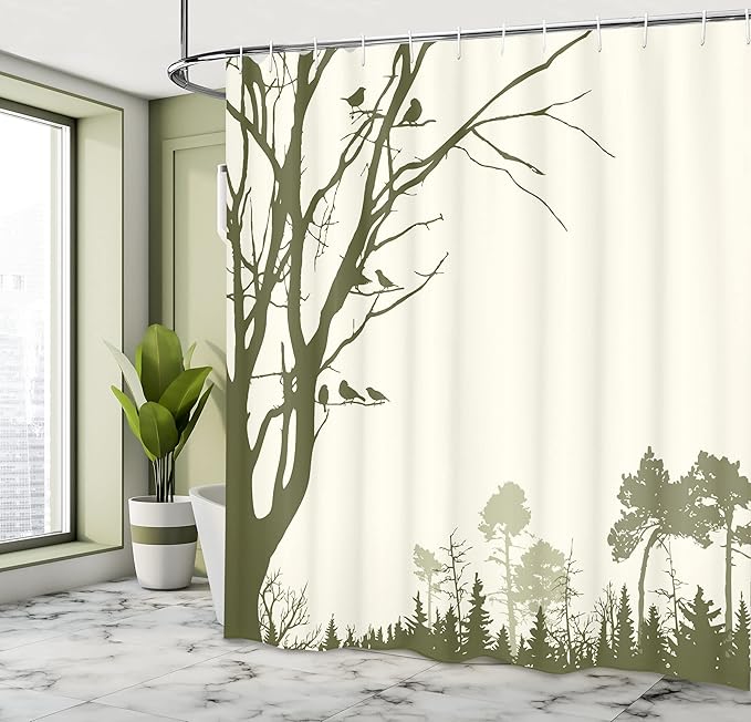 Ambesonne Forest Shower Curtain, Nature Themed Panorama of a Woodland View Pattern Birds on Tree Branches Silhouette Graphic Print, Fabric Bathroom Decor Set with Hooks, 69" W x 75" L, Olive Green