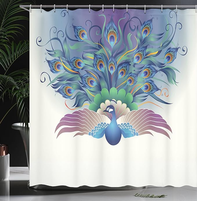 Ambesonne Peacock Shower Curtain, Ornate Peacock with Majestic Tail Feather Dangling Around Birds Wing Illustration, Cloth Fabric Bathroom Decor Set with Hooks, 69" W x 70" L, Ceil Blue