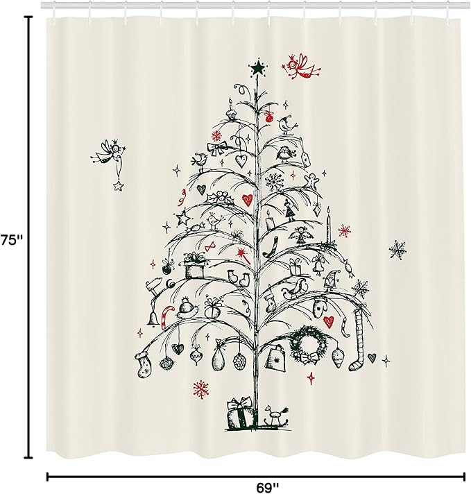 Ambesonne Christmas Shower Curtain, Fairies with Wands and Tree Hand Drawn Style with Wreath and Stockings Image, Cloth Fabric Bathroom Decor Set with Hooks, 69" W x 75" L, Red and Green