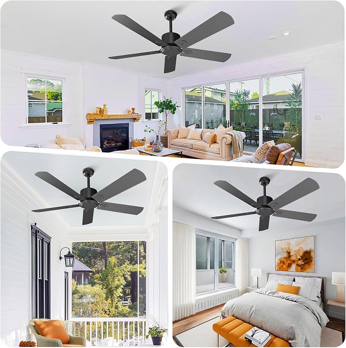 Obabala Black Ceiling Fan No Light, 52 in Outdoor Flush Mount Ceiling Fans with Remote Control without Light, 5 Blades, 6 Speed Reversible DC Motor Modern for Patios, Garage, Bedroom, Porch