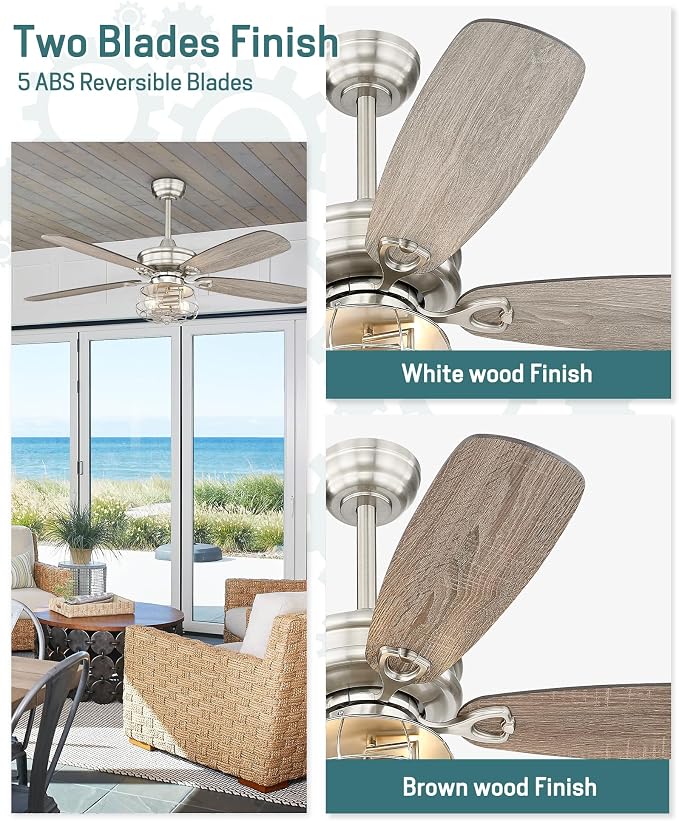 Melkelen Farmhouse Ceiling Fans, 52 Inch Ceiling Fans with Lights and Remote Control, Rustic Barn wood Blades, Industrial Cage Light, Nickel