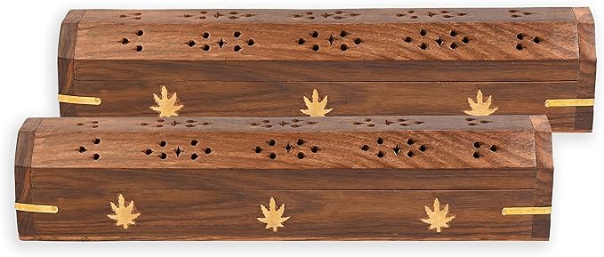 Incense Garden Pack of 2 Incense Stick Holder - Coffin Style - Wood Incense Stick Burner with Kush Inlays (Natural) Handmade with Brass Inlays
