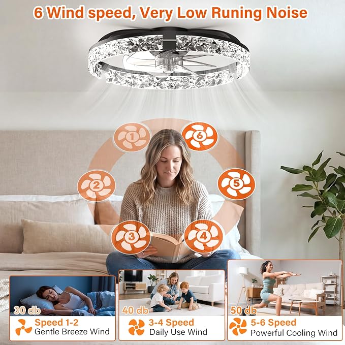 Ceiling Fans with Lights and Remote,20''Low Profile Ceiling Fan,3000-6000K Dimmable Modern Flush Mount LED Fan Light,6 Wind Speeds for Bedroom (Black, 20-inch Foldable Diamond)