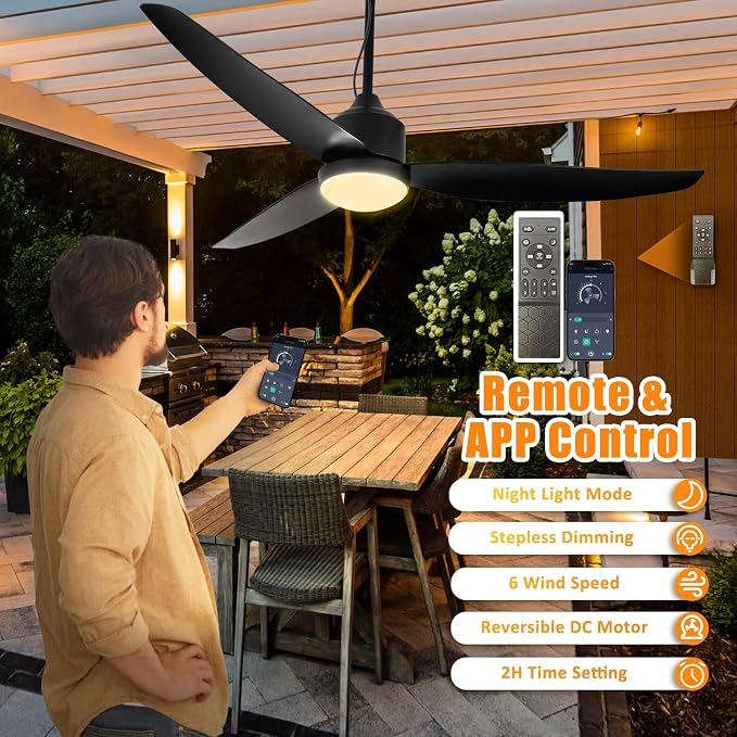 Depuley Outdoor Ceiling Fan with Light: 52 Inch Gazebo Fan Outdoor Hanging - Plug in Waterproof Fans with Lights for Patio - Dimmable Remote App Control Black