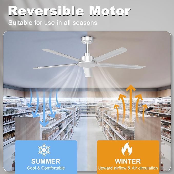Ohniyou 60'' Industrial Ceiling Fan No Light for Patio, Garage, Silver | 6800 CFM Airflow, 35dB DC Motor, 5 Aluminum Blades, Remote/APP Control, Covered Outdoor Metal Fan