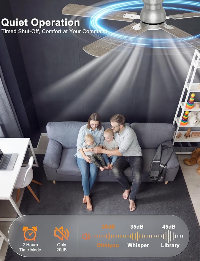 Ohniyou Ceiling Fans with Lights, 52 Inch Low Profile Ceiling Fan with Light and Remote/APP Control, Flush Mount, Dimmable, Quiet DC Motor, Silver Ceiling Fan for Bedroom, Living Room