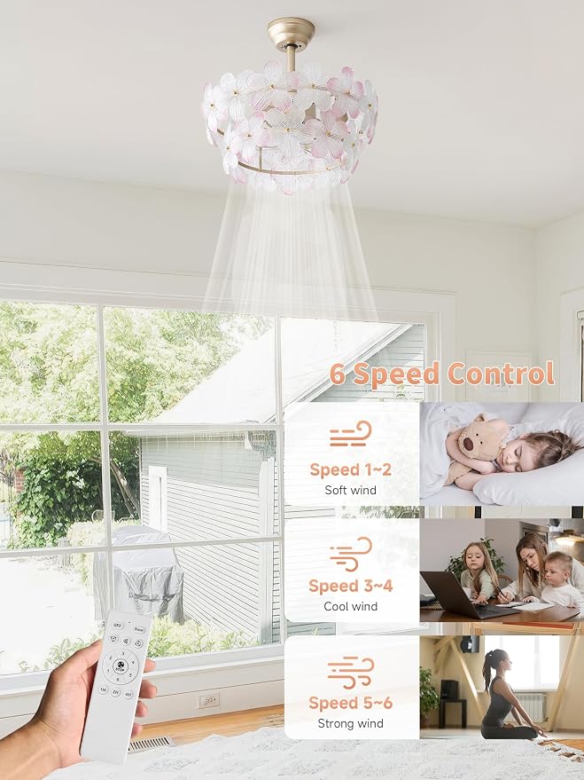 Gold Crystal Fandelier Ceiling Fans with Lights, 20" Gold Flower Chandelier Ceiling Fan with Light Remote Control, Caged Mid Century with 6 Speeds for Bedroom, Nursery, Living Room (Pink)