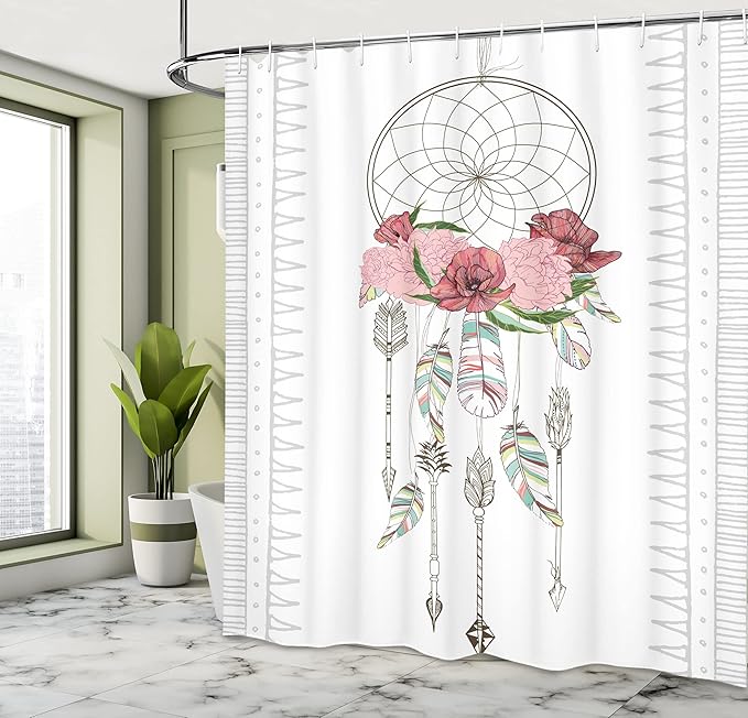 Ambesonne Bohemian Shower Curtain, Hand Drawn Illustration of a Dreamcatcher Boho Form Design Feathers Flowers, Cloth Fabric Bathroom Decor Set with Hooks, 69" W x 70" L, Pale Rose