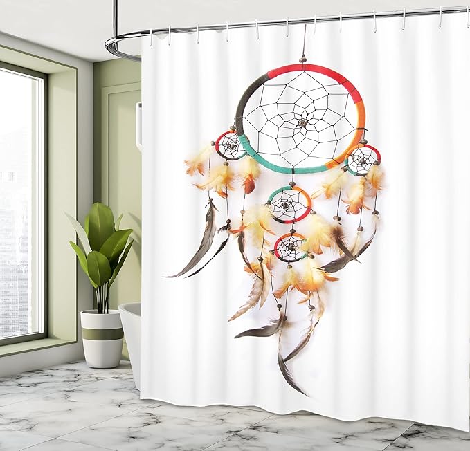 Ambesonne Tribal Shower Curtain, Retro Style Bohemian Dreamcatcher Image Indigenous Culture Feather, Cloth Fabric Bathroom Decor Set with Hooks, 69" W x 75" L, White Pale Yellow Red
