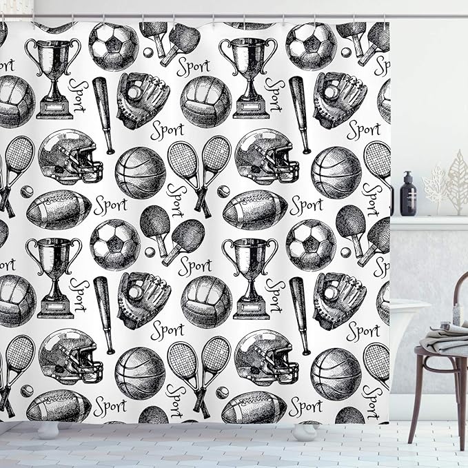 Ambesonne Sports Shower Curtain, Vintage Sketch Art Hobby Pattern of Balls Competition Themed Summer Ping Pong Schoolyard Print, Cloth Fabric Bathroom Decor Set with Hooks, 69" W x 84" L, Black White