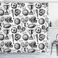 Ambesonne Sports Shower Curtain, Vintage Sketch Art Hobby Pattern of Balls Competition Themed Summer Ping Pong Schoolyard Print, Cloth Fabric Bathroom Decor Set with Hooks, 69" W x 84" L, Black White
