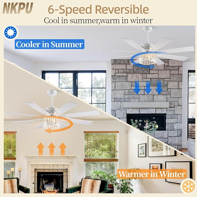 NKPU 52" Farmhouse Crystal Ceiling Fans with Lights and Remote, Chandelier Industrial Ceiling Fan with Dual 8 Blades, 6 Speed Reversible Motor, Timing, White Ceiling Fan for Living room, Bedroom