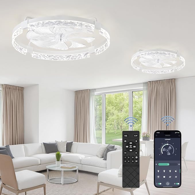LEDIARY 2 Pack 24 Inch Low Profile Ceiling Fans with Lights and Remote, Fandelier Modern Ceiling Fan, 3000K-6000K Dimmable LED Fan Light, White Flush Mount Ceiling Fans with Lights for Bedroom