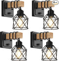 FadimiKoo Farmhouse Wall Sconces 4 Pack, Bedside Wall Lamps with Dimmer ON/Off Switch, Black Wall Light Fixtures with Metal Cage, Rustic Wooden Sconces Wall Lighting for Living Room, Hallway, Bathroom