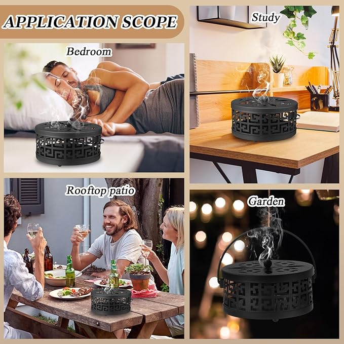 Lallisa 4 Pieces Mosquito Coil Holder Incense Coil Holder Round Retro Portable Metal Hanging Incense Burner with Handle for Home Camping Indoor Outdoor Patio(Black,Metal Sheet Included)