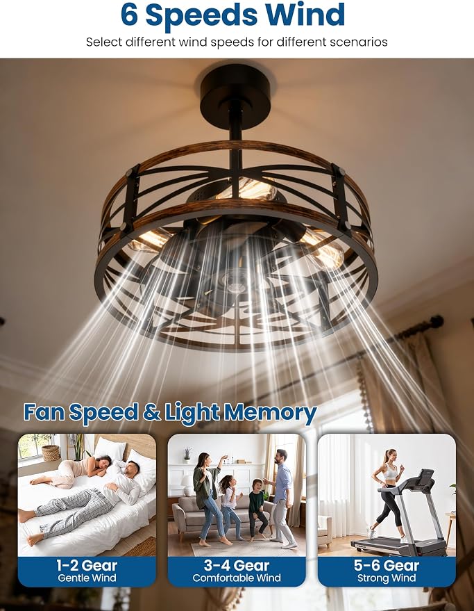 20" Caged Ceiling Fan with Light and Remote App Control, Rustic Round Downrod Mount Ceiling Fandelier Lights, 6 Speed and Reversible, Farmhouse Industrial Style for Bedroom, Kitchen