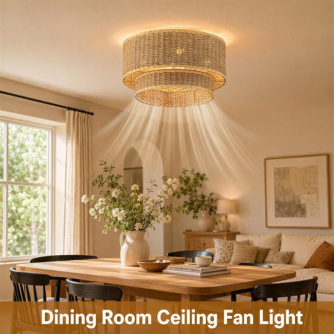 Boho Rattan Ceiling Fan with Light, Flush Mount Woven Fandelier with Remote 2 Tier Layered Caged Ceiling Fan Light Fixture 6-Speed Reversible Low Profile Fan for Bedroom Kitchen Dining Room