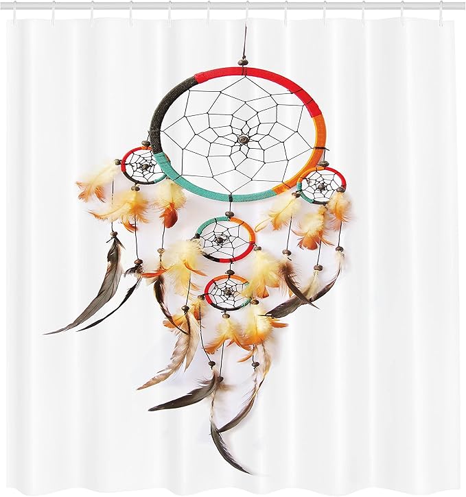 Ambesonne Tribal Shower Curtain, Retro Style Bohemian Dreamcatcher Image Indigenous Culture Feather, Cloth Fabric Bathroom Decor Set with Hooks, 69" W x 84" L, White Pale Yellow Red