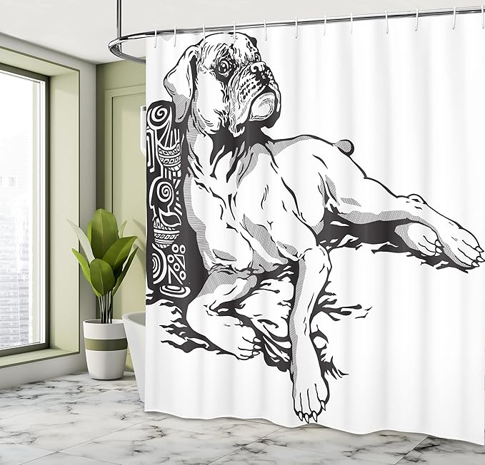 Ambesonne Boxer Dog Shower Curtain, Monochrome Illustration of an Animal Detailed Canine Hand Drawn, Cloth Fabric Bathroom Decor Set with Hooks, 69" W x 70" L, Charcoal Grey and White