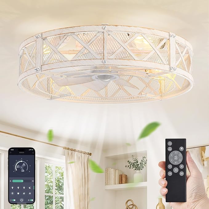 LEDIARY 23" Caged Ceiling Fan with Light, APP&Remote Control, Large Flush Mount Farmhouse Fan Lights, Low Profile Rustic Bladeless Ceiling Fan Fixtures for Bedroom, Kitchen-White Gold Color
