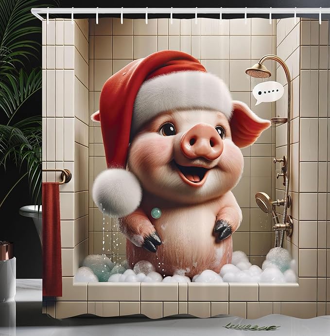 Ambesonne Christmas Shower Curtain, Funny Pig Wearing a Santa Hat in The Shower with Bubbles Whimsical, Cloth Fabric Bathroom Decor Set with Hooks, 69" W x 84" L, Vermilion Blush Eggshell