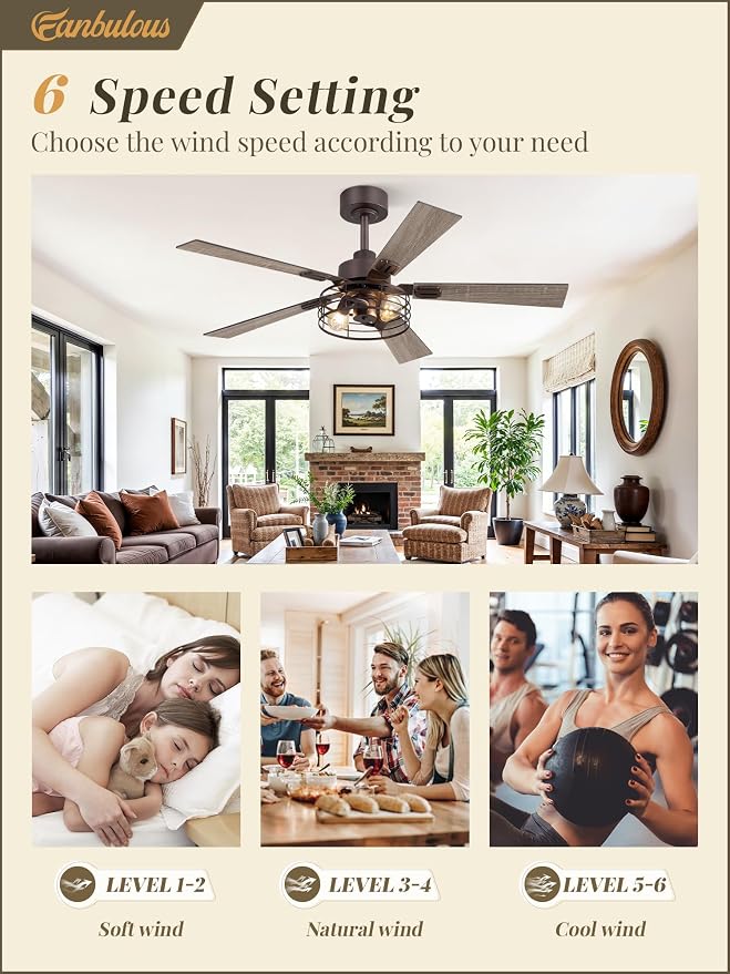 Fanbulous 1 Pack Farmhouse 48 Inch Ceiling Fans with Lights, Industrial Caged Ceiling Fans for Bedroom Living Room, Double-Sided 5 Blades Rustic Ceiling Fan-Oil Bronze