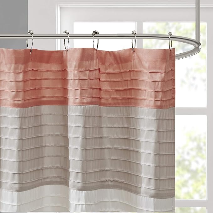 Madison Park Amherst Bathroom Shower Curtain Faux Silk Pieced Striped Modern Microfiber Bath Curtains, 72x72 Inches, Coral