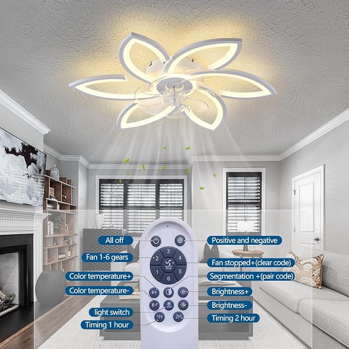 Dalouguan Ceiling Fan with Lights Remote Control, 30" White Flower 6 Speeds 3 Light Color Low Profile Flush Mount Ceiling Fan for Kitchen Bedroom