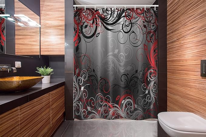 Ambesonne Abstract Stall Shower Curtain, Mystic Forest Floral Swirls Leaves Nature Fading Ombre Effect, Fabric Bathroom Decor Set with Hooks, 54" W x 78" L, Charcoal Ruby