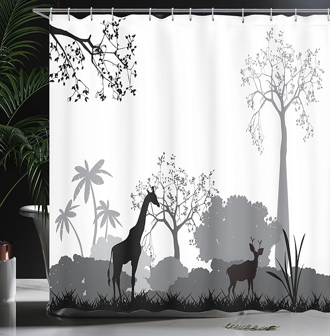Ambesonne Savannah Shower Curtain, Grayscale Silhouette of Savannah Giraffe Deer and Trees Wild Region Theme Africa, Cloth Fabric Bathroom Decor Set with Hooks, 69" W x 75" L, Cream Grey