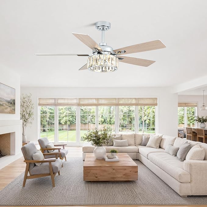 Dawn Whisper 52" Crystal Chandelier Ceiling Fans with Lights and Remote | Modern Design Quiet Reversible DC Motor 6 Speeds Timer for Living Room Bedroom