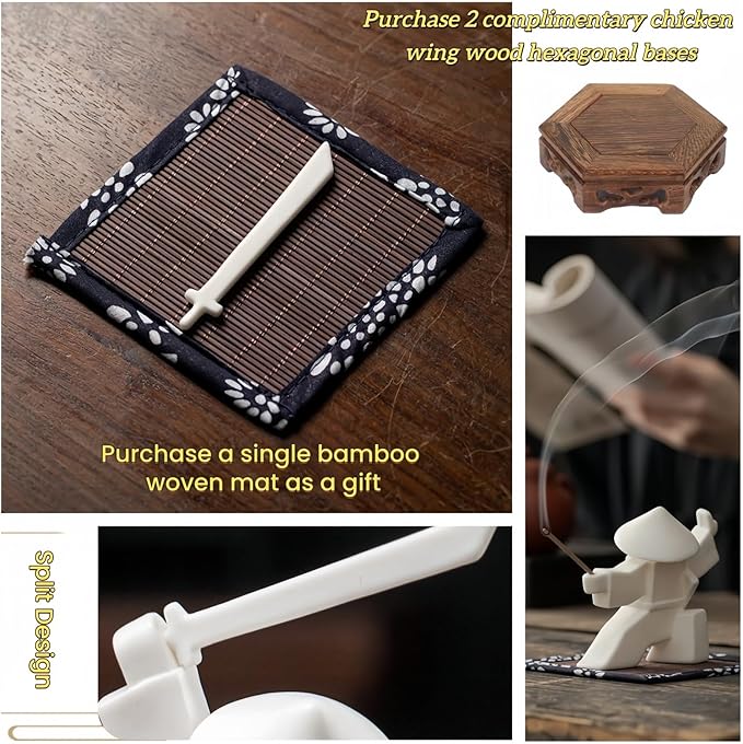 Ceramic Samurai Incense Holder & Tea Pet - Hand-Painted Japanese Warrior Statue, Terracotta Zen Decor for Home/Office (3.5", White/Green) (WhiteAB)