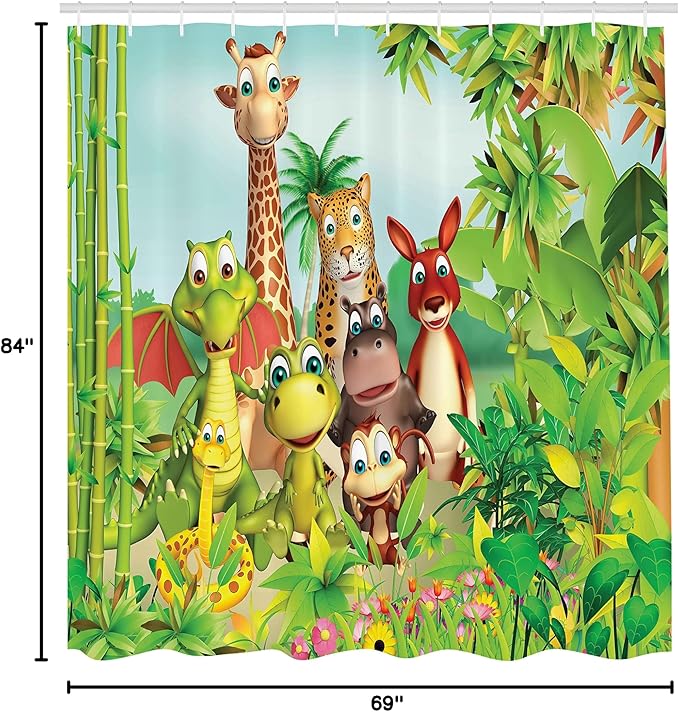 Ambesonne Cartoon Shower Curtain, Animals Giraffe Tiger Snake Dinosaur Hippo Monkey in Jungle Theme, Cloth Fabric Bathroom Decor Set with Hooks, 69" W x 84" L, Green