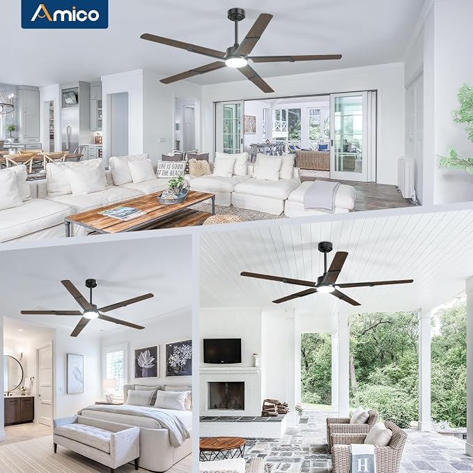 Amico Ceiling Fans with Lights and Remote, 62 Inch Walnut Indoor/Outdoor Ceiling Fan with 6 Speed, Reversible DC Motor, 3CCT, Dimmable, Noiseless modern ceiling fan for Bedroom, Living Room, Patio