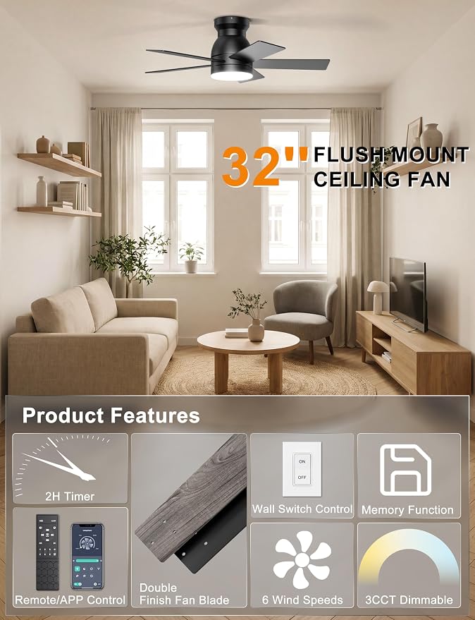 Ohniyou Ceiling Fans with Lights, 32 Inch Low Profile Ceiling Fan with Light and Remote/APP Control, Flush Mount, Dimmable, Quiet DC Motor, Black Small Indoor Ceiling Fan for Bedroom, Kitchen